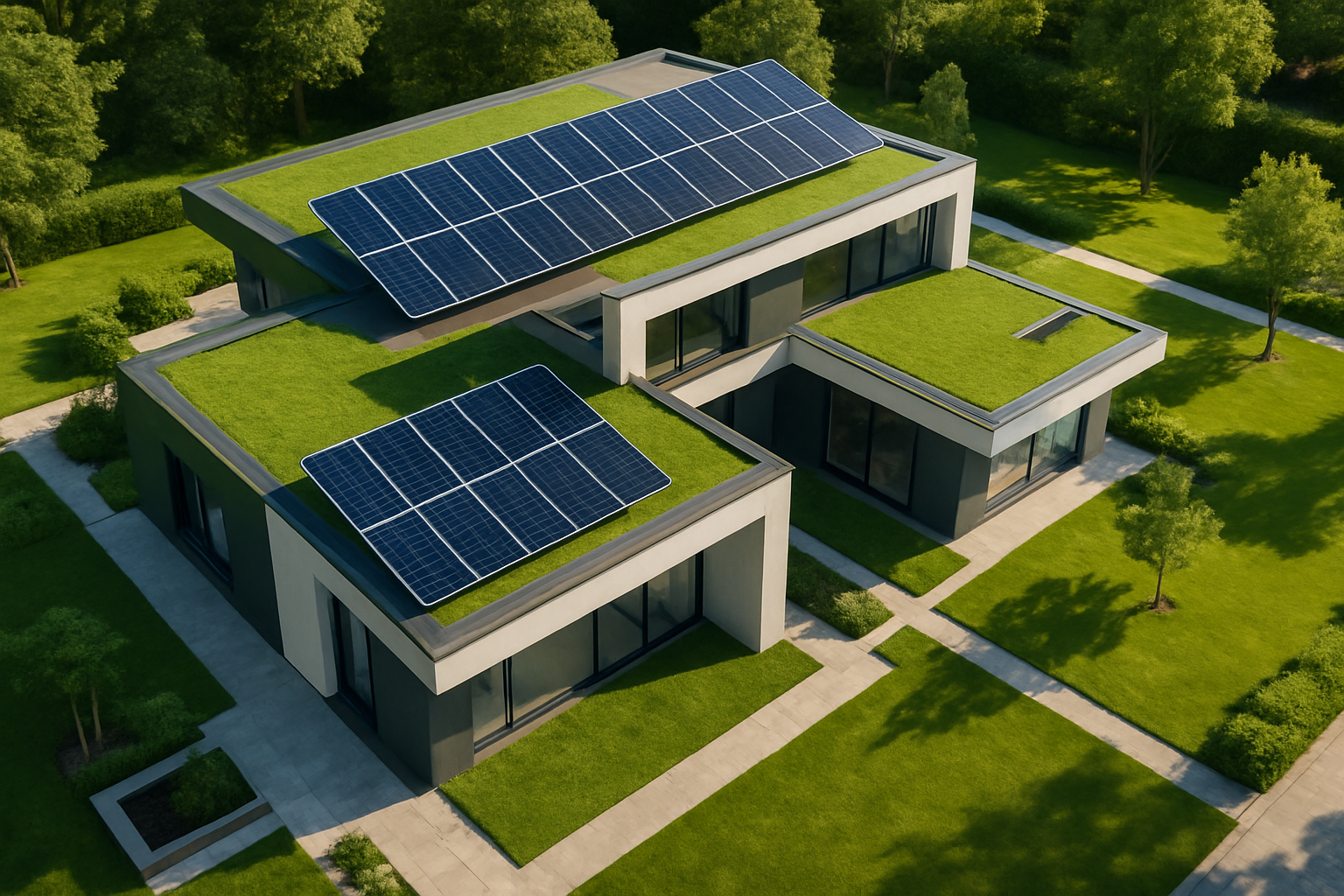 villa moderna Green con pannelli fotovoltaici, ripresa dall'alto